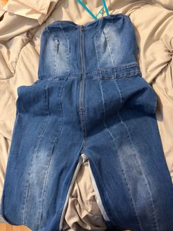 Strapless Denim Jumpsuit with Front Zipper