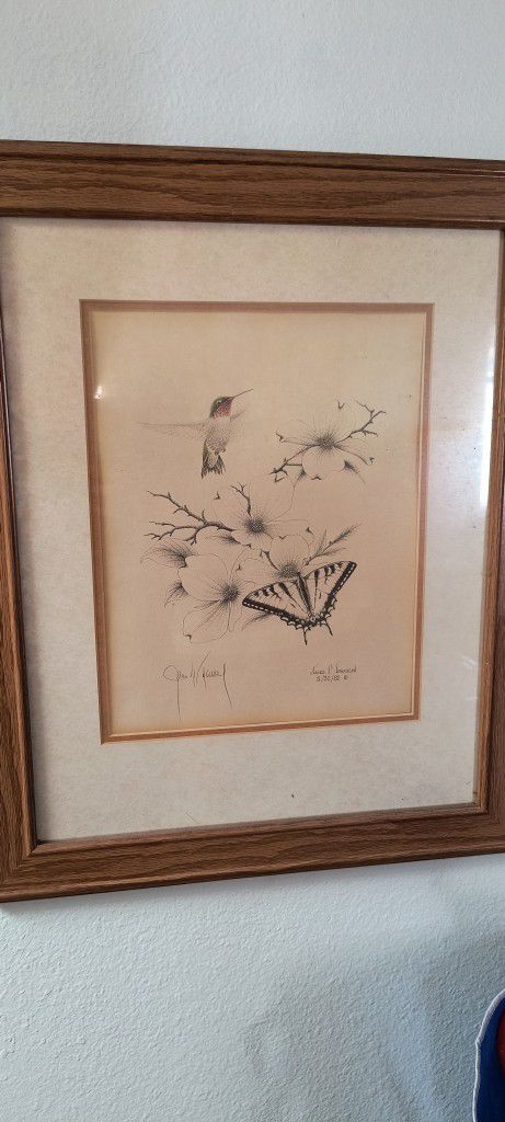 James P. Townsend Signed Hummingbird Flower Butterfly Drawing