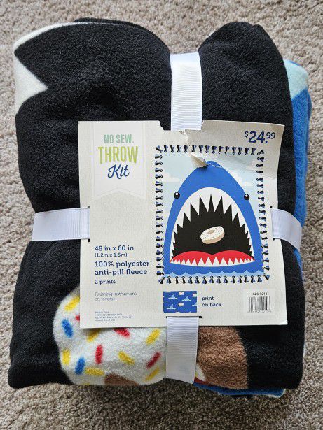 No Sew Anti-Pill Fleece Throw Blanket Kit 48x60" With Shark & Donuts 