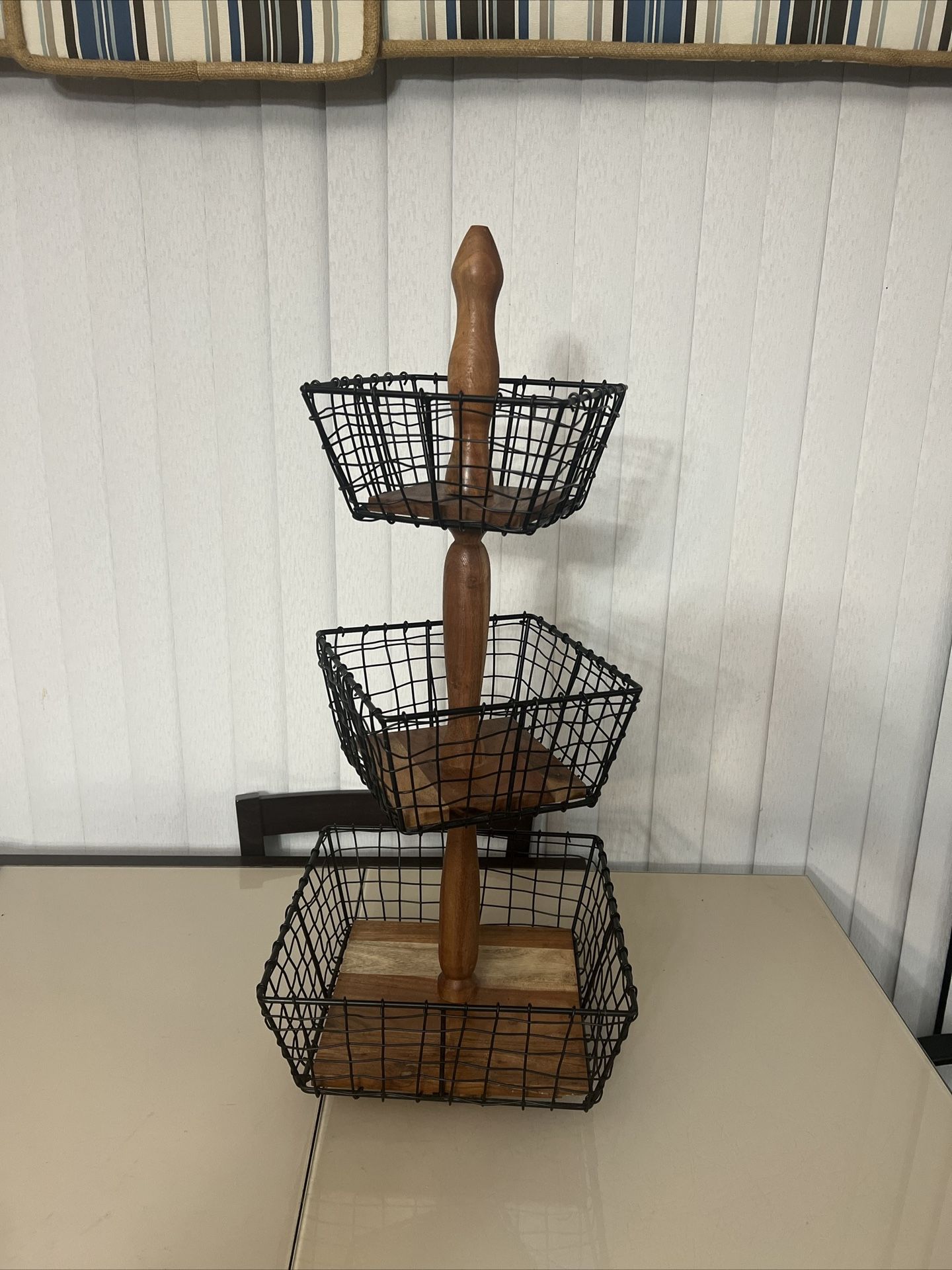 3 Tier Fruit Bowl Countertop Fruit Vegetable Bread Basket Display Storage wood and metal Stand. The item is pre owned in great cosmetic condition with