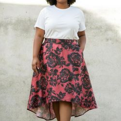 Maurices Rose-Print Burgundy and Black High-Low Skirt