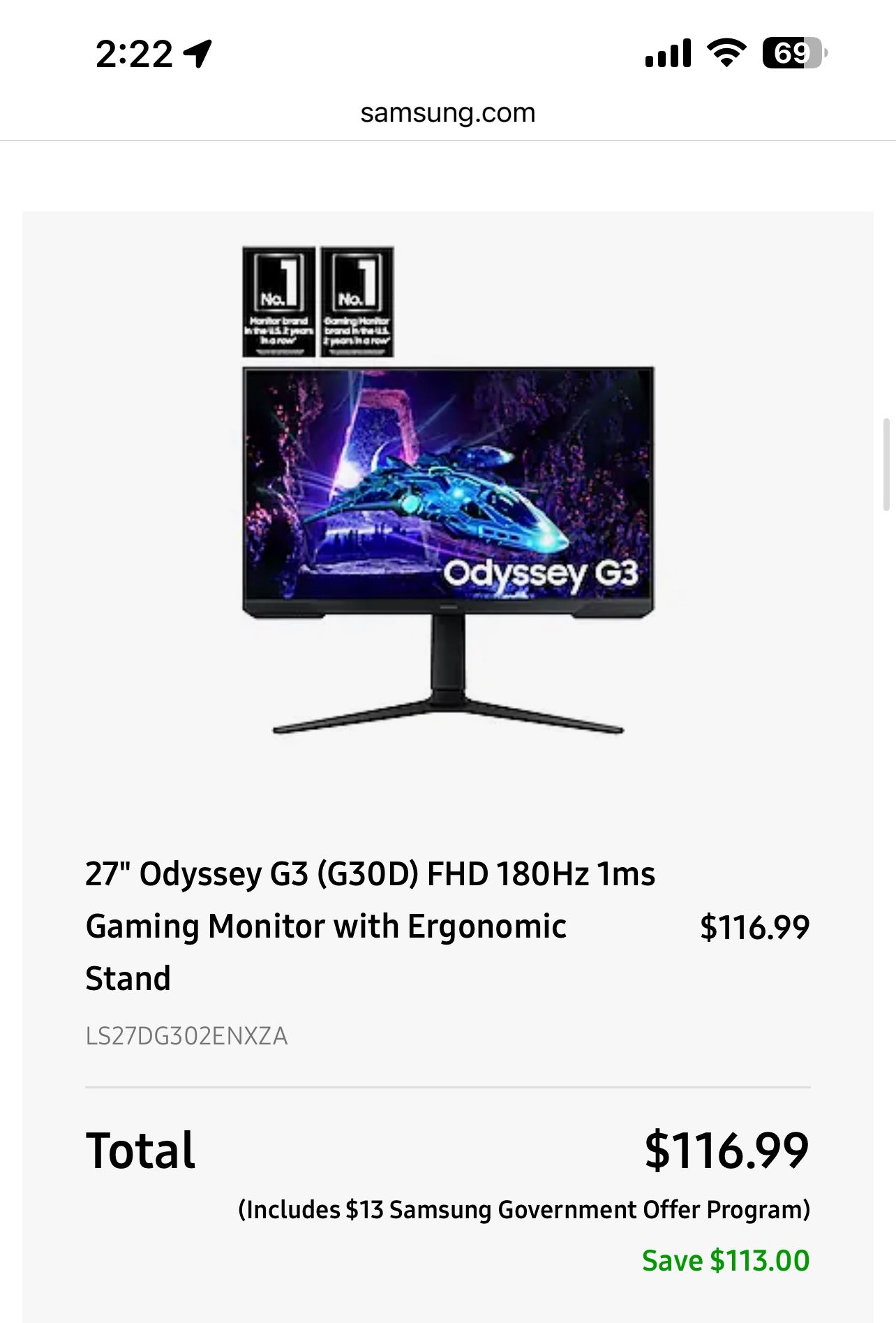 27" Samsung Odyssey G3 FHD Gaming Monitor
