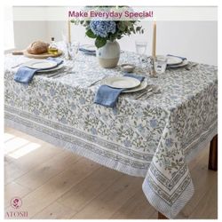 Mahoka Blue 100% Cotton Tablecloth, Handblock Floral Linen 60 X 90 Inches 