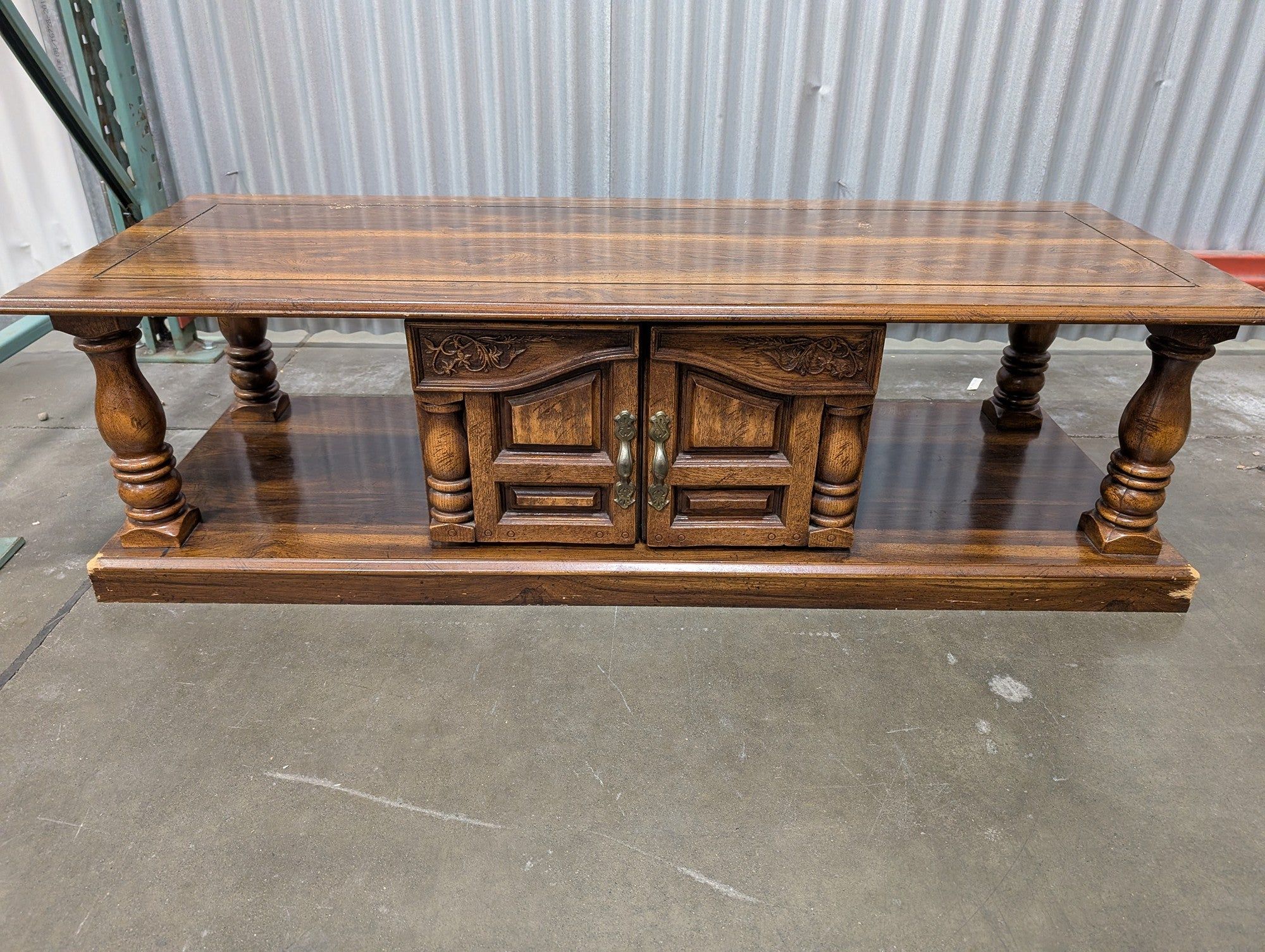 Traditional Carved Wood Coffee Table with Cabinet Storage
