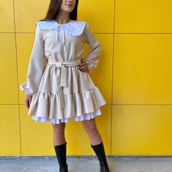 Beige Long Sleeve Midi dress with detachable collar and petticoat