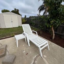 White Plastic Outdoor Chaise Lounge Chair and Side Table