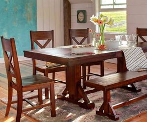 Original World Market Mahogany Cerona Trestle Dining Table Set – Seats 6 – Discontinued