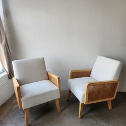 Pair of White Upholstered Armchairs w/ Woven Rattan Sides