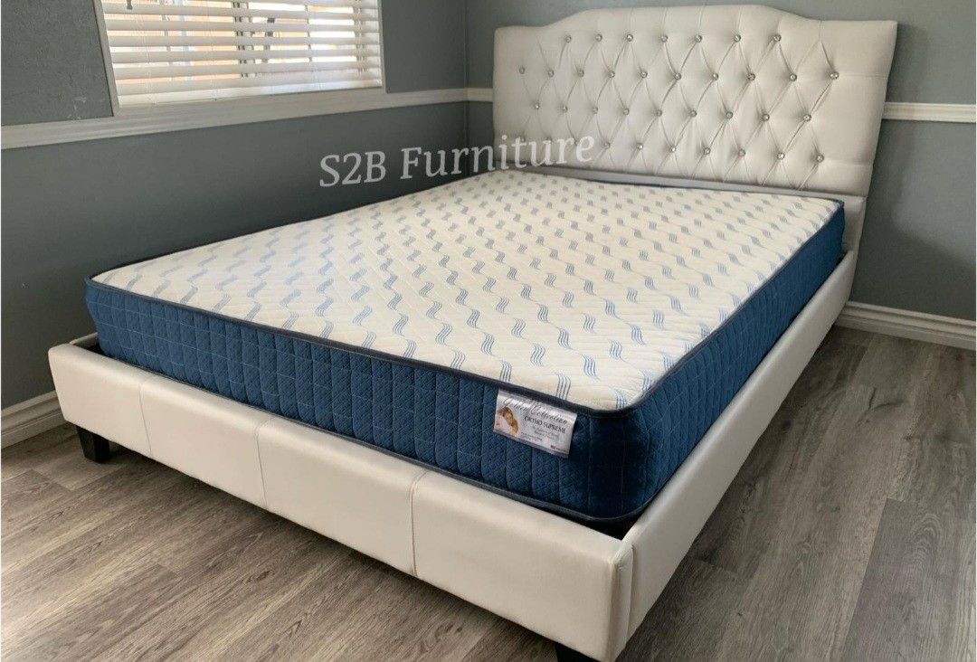 Queen White Crystal Button Bed With Ortho Matres !