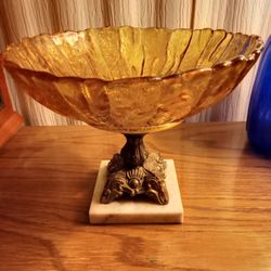 Vintage Hollywood Regency Bronze, Marble, Amber Glass Candy Dish 

10 1/2" Diameter x 8 1/4" T 
Marble base 4 3/4" W x 3/4" D
Marble base is included 