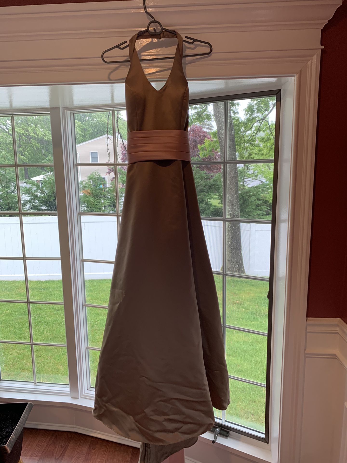 Taupe Dress With A Pink Ribbon 
