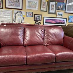 Embroidered Nail Head Red Leather Sofa