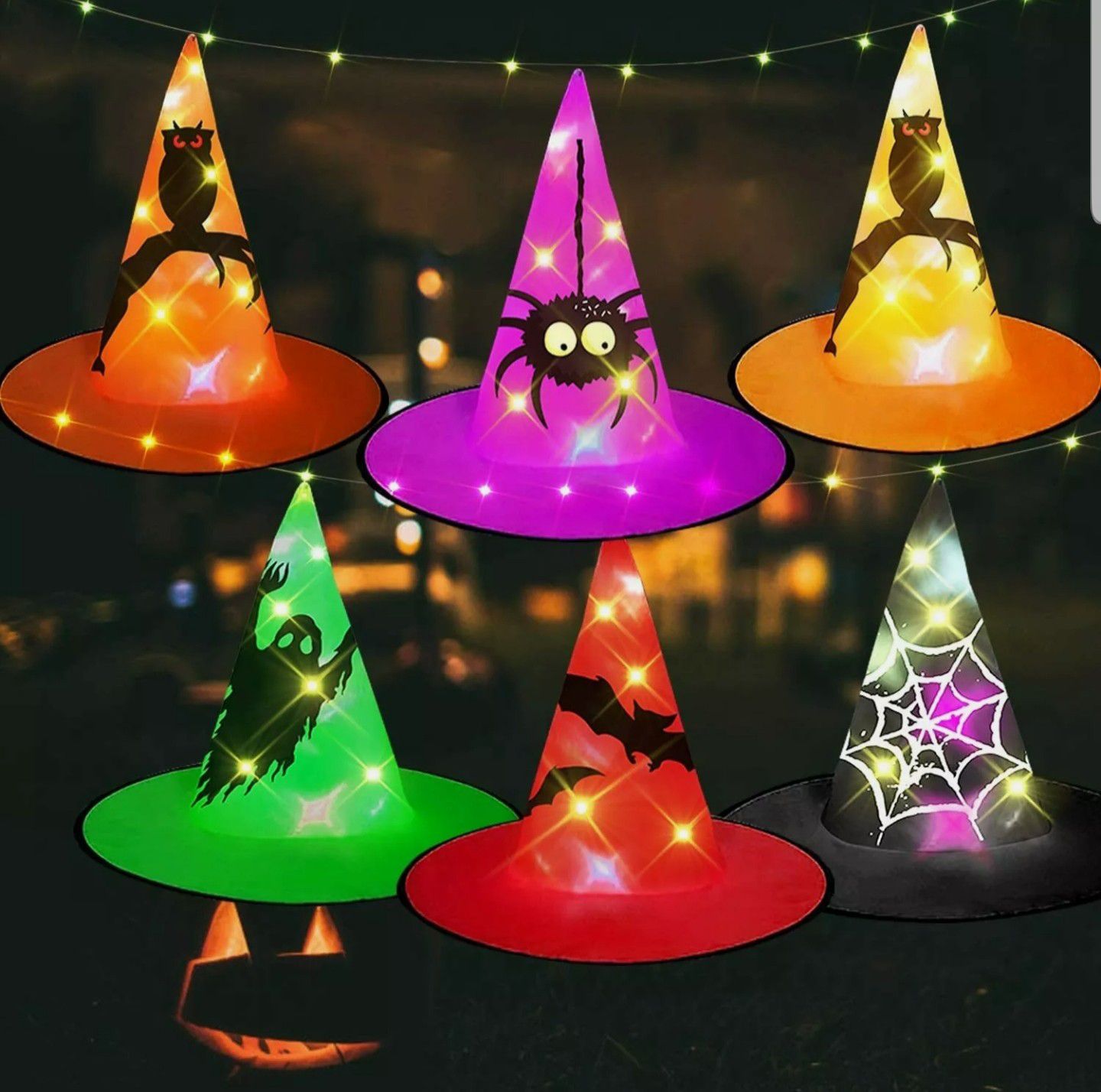 HIGBRE Halloween Decorations Witch Hats, 6Pcs Hanging Lighted Witch Hat Outdoor