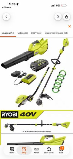 Ryobi 40 V weedeater, edger blower, hedge, trimmer, battery, and charger