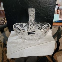 1970s Clear Cut Crystal Footed Oval Basket 
