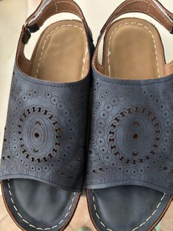 Navy Blue Leather Laser-Cut Sandals