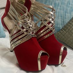 Fereshte red velvet And Gold Platform Heel Size 39/ Womens 8