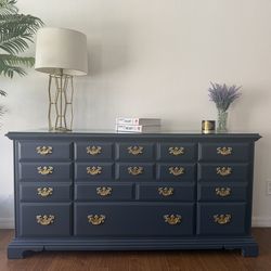 Beautiful Navy Blue 9 Drawer Dresser – Solid Wood, Refinished, Glass Top