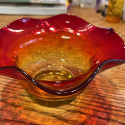 Amberina Glass Ruffled Crackle Dish/Bowl 