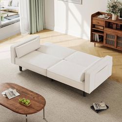 71" Futon Sofa Bed, Convertible Sleeper Loveseat, Splitback Futon with 2 Pillows, Teddy Velvet Folding Sofa, White Couch for Living Room, Apartment