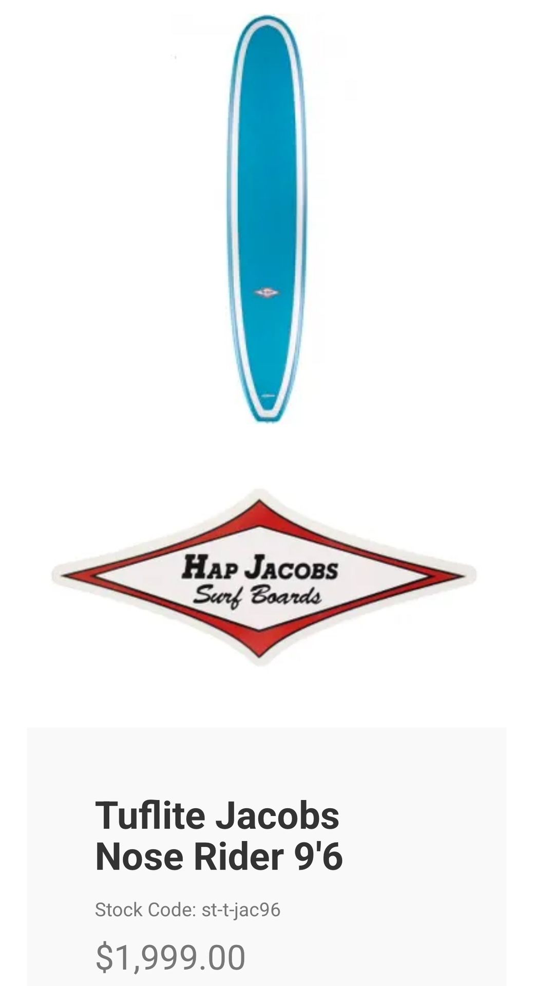 Hap Jacobs Tuflite Nose Rider 9'6” Surfboard With Dakine Bag And