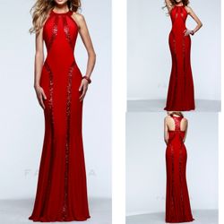 Red Sequin trimmed jersey gown