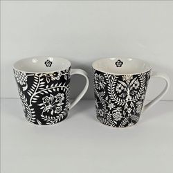 Trish Richman Floral Coffee Mugs Cups Stoneware Black and White Set of 2