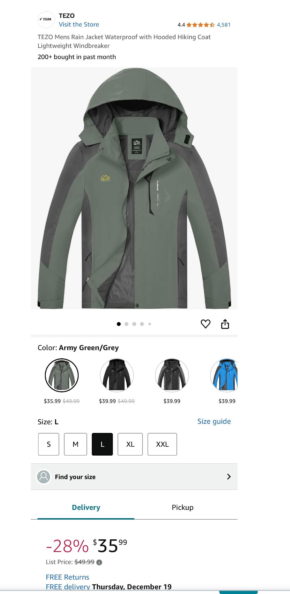 TEZO > Men’s LARGE Rain Jacket Army Green/grey