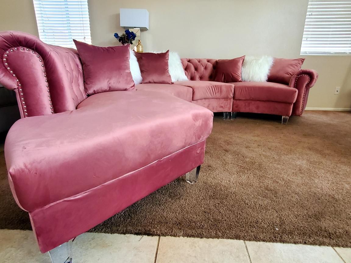 Pink Sectional Sofa - Curved Velvet Tufted Sectional