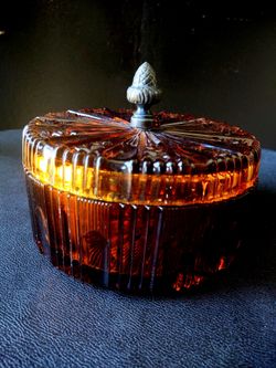 Mid Century Amber Glass Dish With Lid