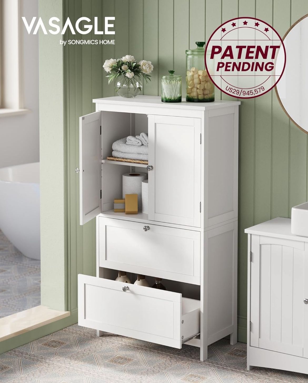 Bathroom Floor Storage Cabinet, Bathroom Storage Unit, Freestanding Cabinet with 2 Drawers and 2 Doors, Adjustable Shelf, 11.8 x 23.6 x 43.3 Inches, W