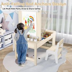Kids Art Table and 2 Chairs Set, Wooden Toddler Activity Table with Storage Bins, Paint Cups & Paper Roll, Children Craft Play Desk