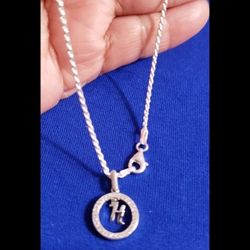 Precioso Dije Y Cadena En Plata 9.25 Diamantada Letra H