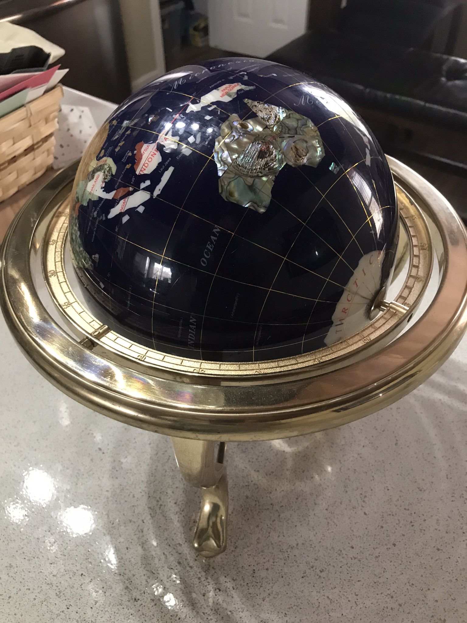Beautiful Gemstone Spinning Globe On Gold Stand 