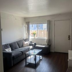Grey Couch With 2 Square Ottomans