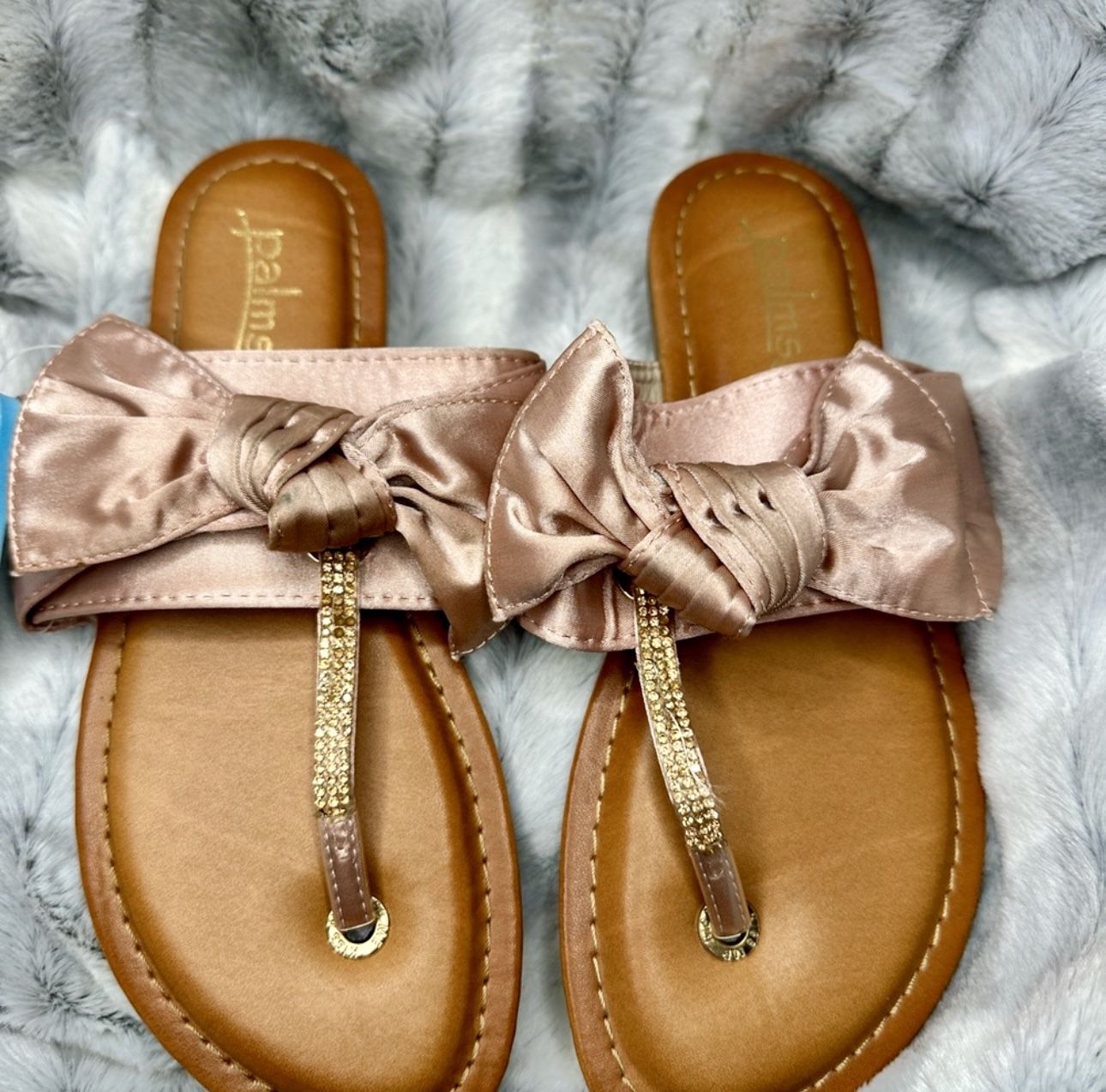 Palms Satin Bow & Bling Sandals ~ W/ Memory Foam Footbed. Size 6. Pink.