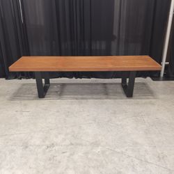 Mid-Century Modern Wood Slat Bench with Black Metal Legs
