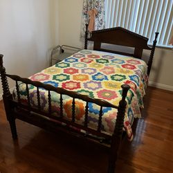 Vintage Full-Size Solid Wood Spool Bed Frame with Original Wood Rails