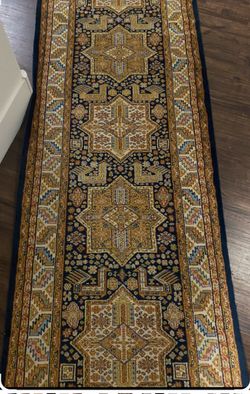 Indo Per'sian Runner Rug 2.6 x 12.7 Indian Kashmiri Navy Blue Wool Vintage
