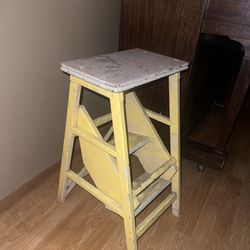 solid vintage wood step stool short ladder wooden yellow painted 