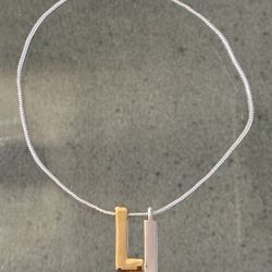 Vintage Modernist Double L Marked Gold Tone Silver Tone Lanvin Paris Pendant Necklace 18" Snake Chain 925