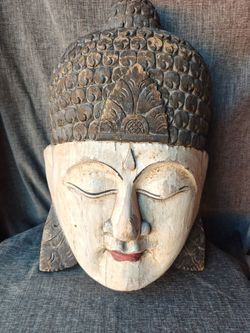hand-carved wooden Buddha head wall mask featuring a distressed whitewashed finish and intricate crown details large