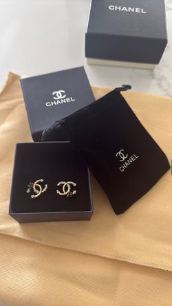 CC designer earrings and box and velvet pouch