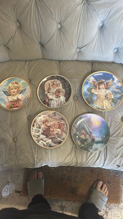 "6 Vintage Bradford Exchange Collector Plates - Angels + Thomas Kinkade Cottage - Gold Rim"