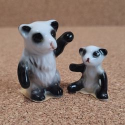 Vintage 2  Miniature Panda Bear Figurines Bone China  Mama Standing Baby Sitting.

