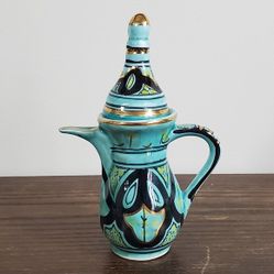 Azouz Al-Kharaz Ceramic Small Pitcher Tea Pot Blue Tunisian Hand Painted

