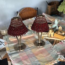 VINTAGE POTTERY BARN TEA, LIGHT CANDLE HOLDER BURGUNDY, BEADED SHADE, TWO OF THEM, 15 EACH OR 25 FOR THE TWO
