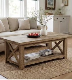 F2646 2-Tier Rectangular Solid Wood Coffee Table with X-Frame Side