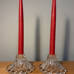 Set Of Vintage Clear Glass Anchor Hocking Berwick-Boopie Tapered Candle Holders