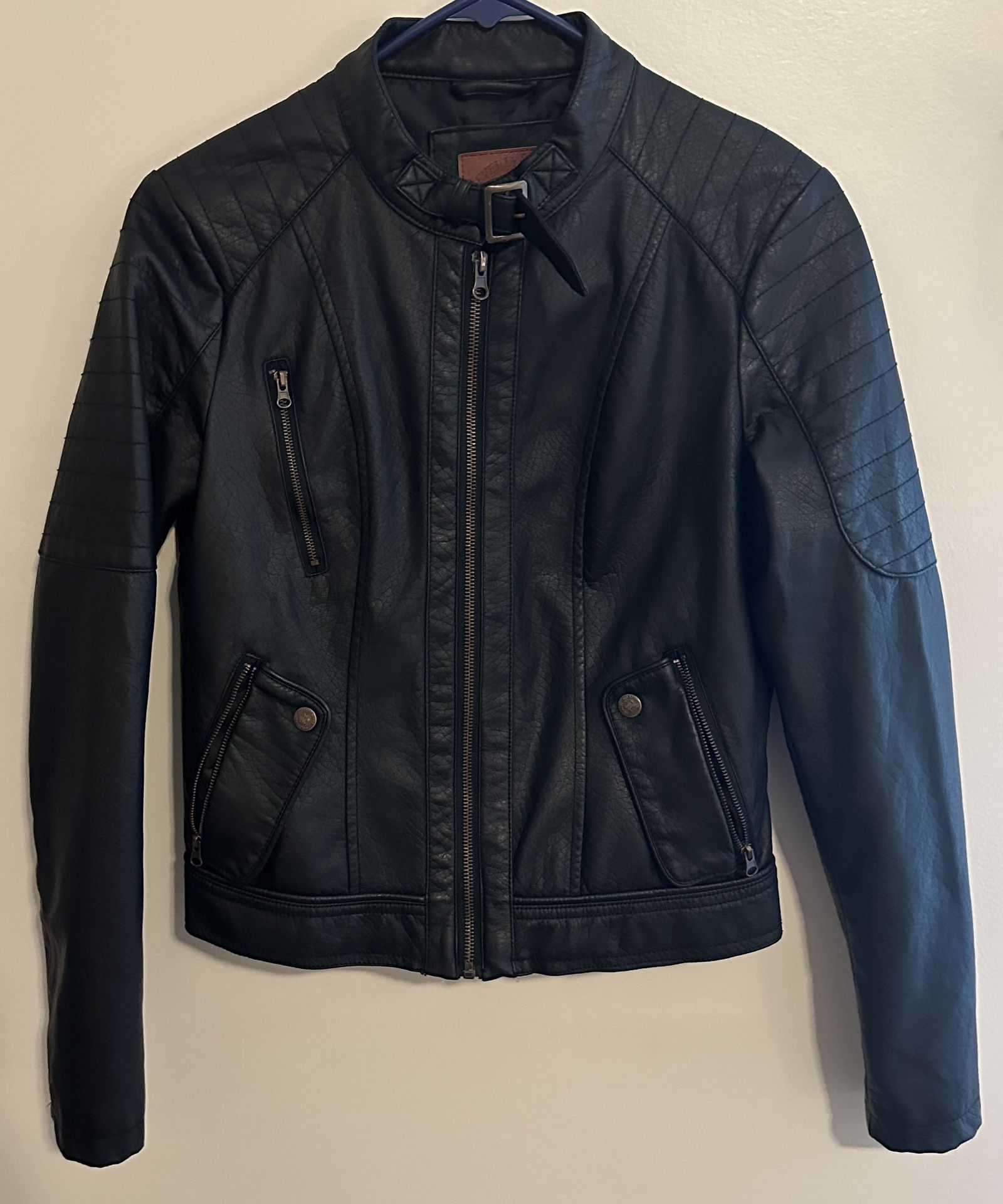 Black Faux Leather Motorcycle Bomber Jacket - Size Small